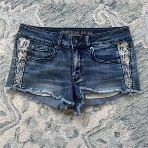 American Eagle Medium Wash Shortie Shorts with Macrame Detail